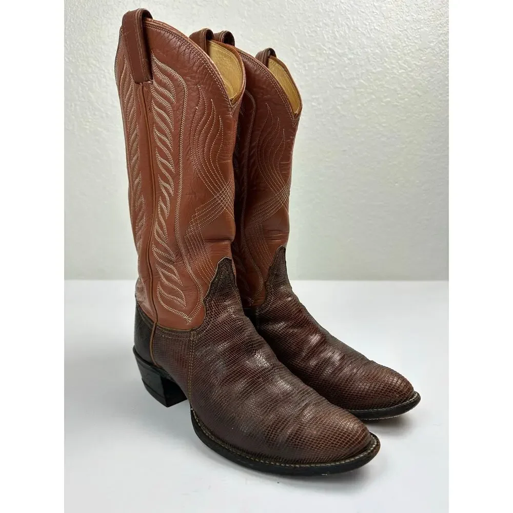 VTG Tony Lama Teju Lizard Exotic Leather Cowboy Boots Cognac Brown Womens 8.5 B